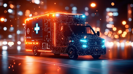 Poster - cinematic 3D rendering of futuristic AI driven ambulance with glowing lights, showcasing advanced technology in vibrant urban setting