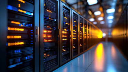 Aufkleber - cinematic 3D visualization of futuristic data center featuring rows of servers with glowing lights, showcasing advanced technology and sleek design