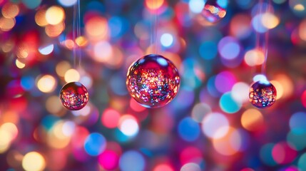 Poster - Abstract image of hanging red decorative balls with vibrant bokeh lights background
