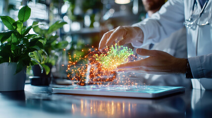 Poster - scientist interacts with holographic display, showcasing vibrant data visualization. scene is filled with greenery, emphasizing innovation and technology in research