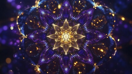 Poster - Abstract fractal flower with gold and purple luminous details and bokeh effect