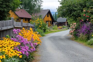 Aufkleber - picturesque rural street with quaint wooden cottages and vibrant flower gardens in a serene countrys