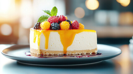 Aufkleber - Creamy cheesecake topped with fresh berries and mango sauce, served on black plate. delightful dessert perfect for any occasion