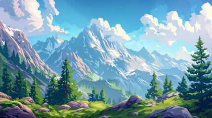 Poster - A cel-shaded mountain landscape with distinct, colorful layers.