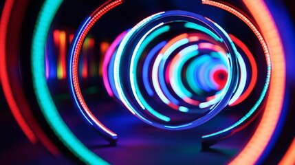 Poster - Abstract Tunnel of Colorful Neon Rings Creating a Hypnotic Visual Experience