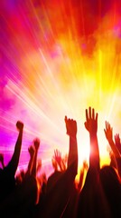 Poster - Silhouetted crowd raising hands and cheering during an electrifying live music concert, surrounded by a vibrant display of colorful stage lights creating an exhilarating atmosphere