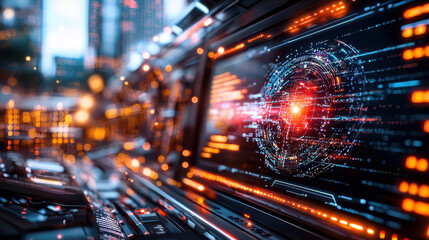 Aufkleber - futuristic control panel displaying vibrant data visualizations and holographic elements, set against cityscape backdrop. scene conveys sense of advanced technology and innovation
