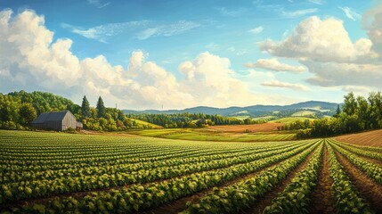 Poster - Serene Farmland Landscape with Barn Under Summer Sky