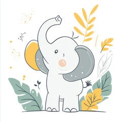 cute baby elephant, waving trunk, tropical leaves, joyful background, children's book illustration