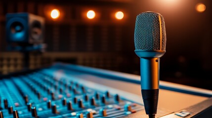 Poster - Condenser microphone awaits singer or comedian in recording studio, illuminated by warm stage lights, with mixing console and speakers in background, ready to capture every note and joke