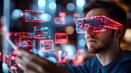 Aufkleber - man wearing futuristic augmented reality glasses interacts with digital holograms, showcasing advanced technology and innovation in modern environment