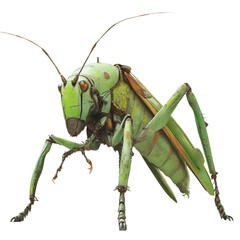 Poster - A detailed 3D render depicts a large green mechanical grasshopper standing on a plain white background.