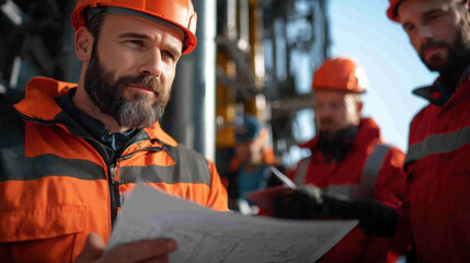 Aufkleber - Engineers reviewing blueprints at construction site, wearing safety helmets and orange work uniforms, focused on their tasks with collaborative spirit