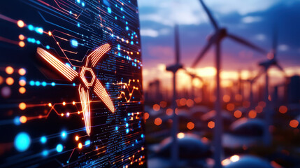 Poster - cinematic depiction of renewable energy projects featuring wind turbines and digital elements. image showcases integration of technology and sustainable energy solutions
