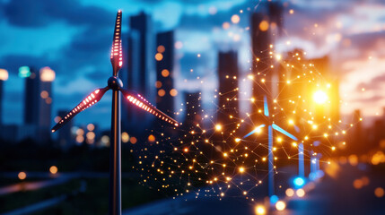 Leinwandbilder - Cinematic depiction of renewable energy projects with wind turbines, city skyline, and glowing lights. vibrant representation of sustainable technology and innovation