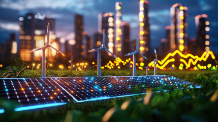 Leinwandbilder - cinematic depiction of renewable energy projects featuring solar panels and wind turbines in urban setting, showcasing sustainability and innovation