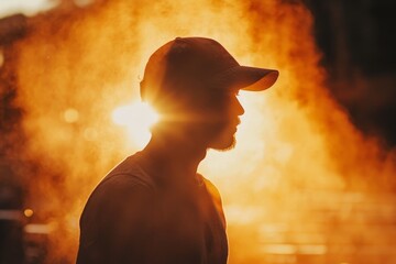 Poster - Silhouette Man Sunset Backlit Cap Orange Haze