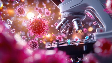 Aufkleber - detailed view of microscope examining vibrant microorganisms, showcasing advanced scientific research and discovery. scene is illuminated with colorful light, creating dynamic atmosphere
