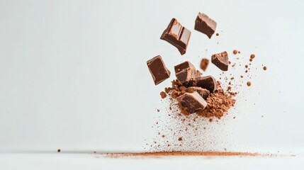 Aufkleber - Chocolate chunks and cocoa powder exploding and levitating on a white background, creating a visually appealing scene perfect for food and beverage advertising