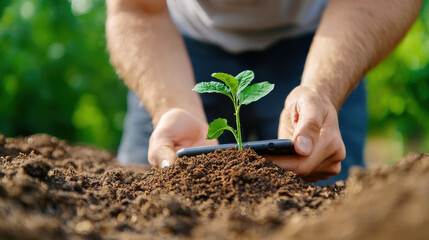 Poster - farmer using smartphone to monitor young plant in soil, showcasing modern agricultural practices. image captures blend of technology and nature in farming