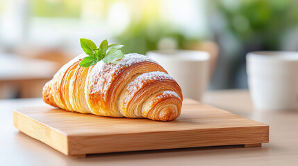 Poster - delicious croissant topped with powdered sugar and fresh herb leaf, served on wooden board, perfect for cozy cafe setting