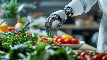 Aufkleber - robotic chef skillfully prepares fresh vegetables in modern kitchen, showcasing advanced technology and culinary precision. vibrant colors of ingredients enhance scene appeal