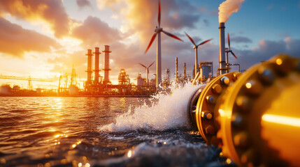 Fototapete - cinematic photo of tidal power plant with wind turbines and industrial structures at sunset, showcasing waves crashing against pipe