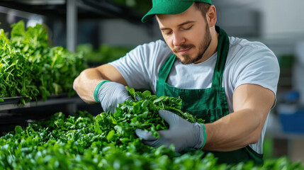 Poster - man in green apron and gloves carefully handling fresh greens in greenhouse, showcasing dedication to quality and freshness