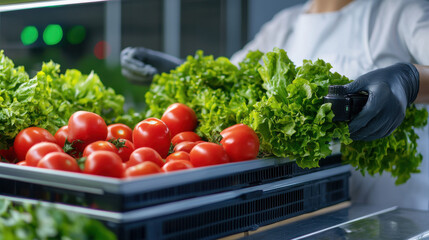 Poster - Fresh tomatoes and lettuce being handled in high tech packaging facility, showcasing vibrant colors and healthy produce. scene reflects modern agricultural practices and food safety