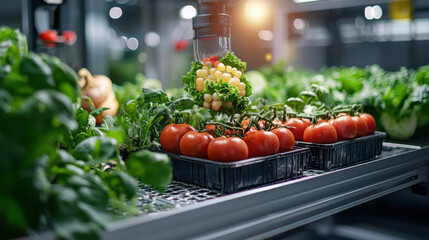 Leinwandbilder - Automated harvesting of fresh vegetables in modern greenhouse, showcasing ripe tomatoes and leafy greens. technology enhances efficiency and sustainability in agriculture