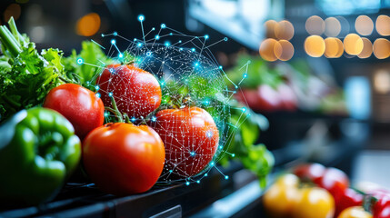 Poster - Fresh vegetables and tomatoes displayed in grocery store, showcasing digital network overlay symbolizing smart technology in food tracking and management