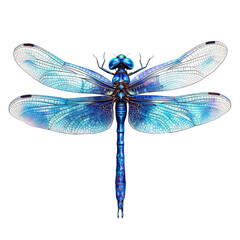 Poster - A detailed close-up image showcases a vibrant blue dragonfly with intricate wing patterns against a clean white backdrop.