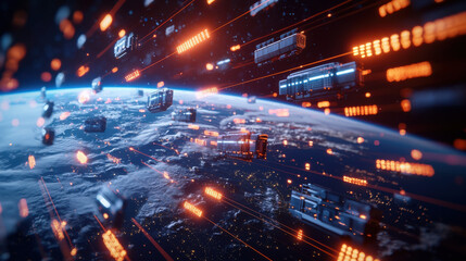 Poster - cinematic portrayal of global trade hubs interconnected in space, showcasing cargo containers and illuminated pathways. image evokes sense of innovation and connectivity
