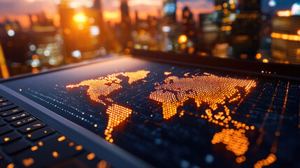 Poster - digital world map illuminated on laptop screen, showcasing global connectivity against city skyline at sunset. vibrant colors evoke sense of innovation and technology