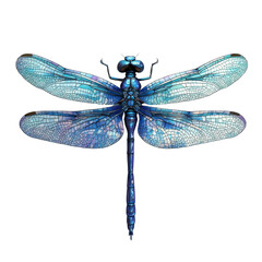 Poster - A detailed close up image showcases a blue dragonfly with intricate wing venation against a white background.