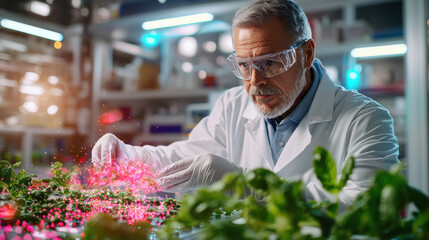 Aufkleber - researcher in lab examines plants with nanotechnology, showcasing innovation and dedication. vibrant colors and focused expression highlight importance of scientific exploration