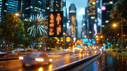 Poster - vibrant cityscape at night showcasing illuminated traffic signals, bustling streets, and modern skyscrapers. scene captures essence of urban life with reflections on wet roads