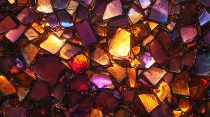 Poster - Abstract mosaic of iridescent glass pieces with rich amber, purple, and red tones