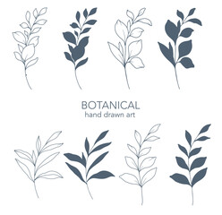 Wall Mural - Greenery Line Art. Botanical Background trendy minimalist leaves and branches. Hand drawn floral elements. Floral Line Art Illustration. Luxury Line Floral Art.