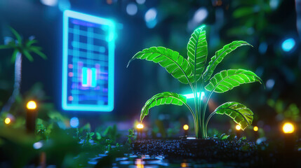Aufkleber - vibrant, futuristic lab scene featuring glowing plant amidst digital backdrop, symbolizing fusion of nature and technology