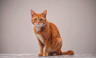 Poster - A cat is sitting on a table with its back to the camera. The cat is orange and white in color