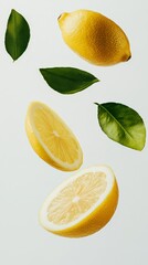 Poster - Whole lemon, two vibrant halves, and fresh green leaves levitating against a clean white background, creating a refreshing and lively visual perfect for food photography