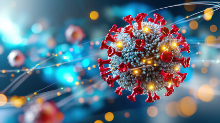 Poster - detailed illustration of virus with red spikes, glowing elements, and blurred background, representing microscopic views of pathogens