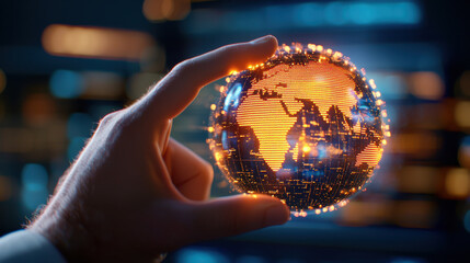 Poster - hand holding glowing globe representing global connectivity and technology. globe features illuminated continents and digital aesthetic, symbolizing modern world