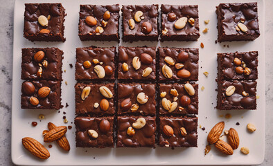 Poster - A plate of brownies with nuts on top. The plate is white and the brownies are cut into squares
