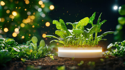 Leinwandbilder - Fresh spinach plants growing in modern vertical farm with glowing lights, showcasing innovative agriculture and sustainable practices