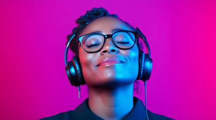Leinwandbilder - Young woman with closed eyes wearing headphones, enjoying music with colorful neon lights on purple background, creating a vibrant and captivating portrait