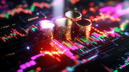 Fototapete - Investments in renewable energy are visualized through vibrant charts and golden coins, symbolizing growth and potential in financial market