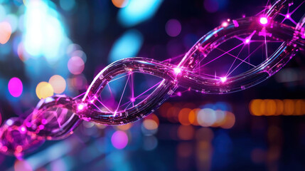Aufkleber - vibrant, abstract representation of DNA double helix with glowing purple strands, set against blurred background of colorful lights, symbolizing genetic science and innovation