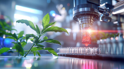 Poster - futuristic lab scene showcasing advanced technology with microscope analyzing green plant. vibrant colors and high tech equipment create innovative atmosphere
